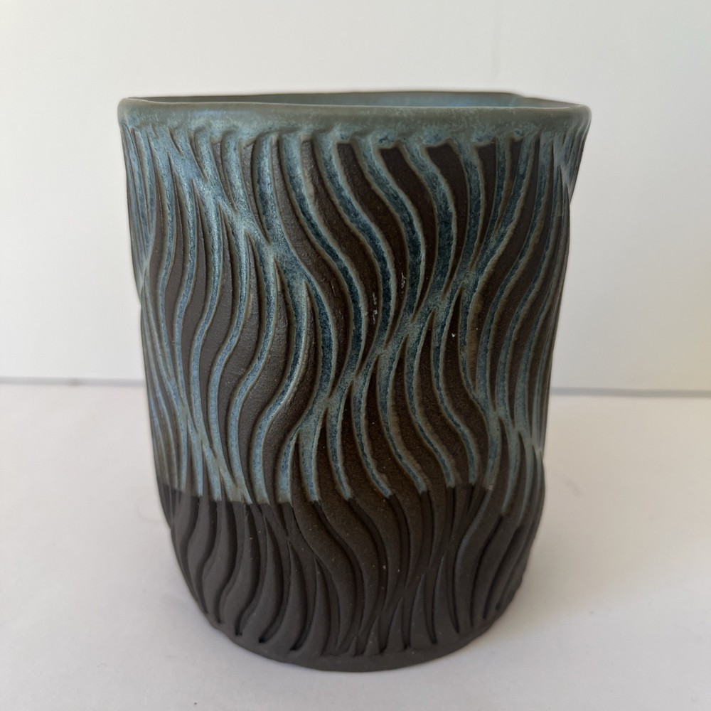 Handcrafted ceramic piece, thumb cup, planter, or small vase with leaf pattern