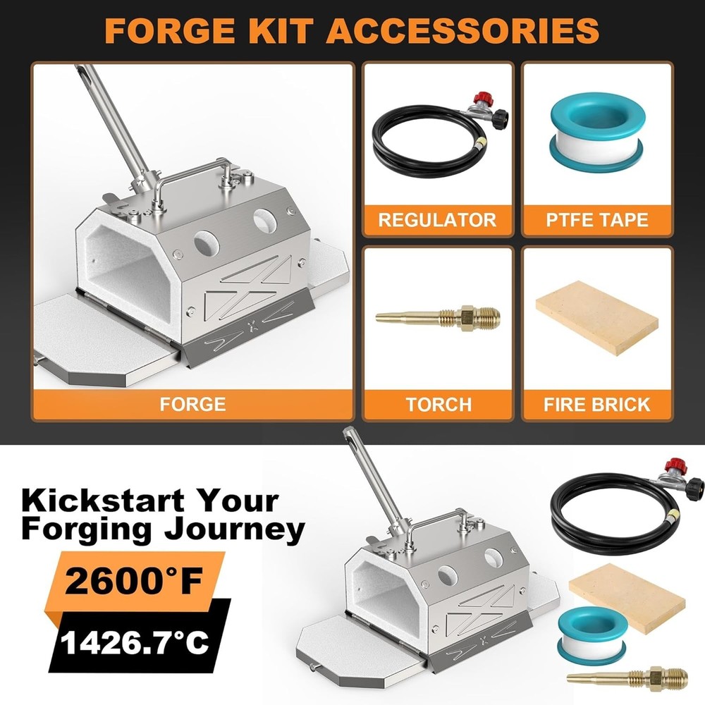 Portable Propane Blacksmith Forge Kit with Double Door, , 30PSI Regulator, Kn...