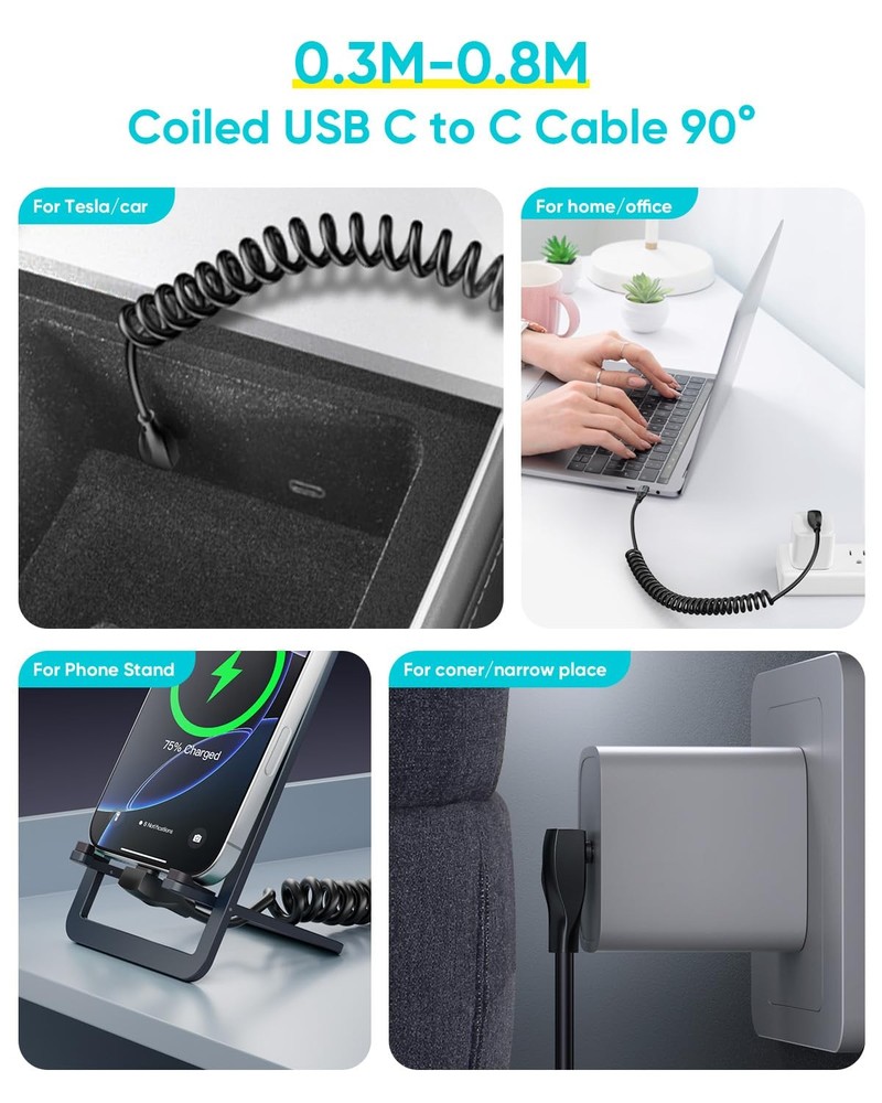 SUNGUY Right Angle Coiled USB C Cable 4FT [Recommended Stretch 4FT, Grey