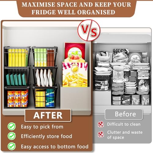 6 Pack Stackable Deep Freezer Organizer Bins ，Upgraded Bottom Leak Black 6 Pack