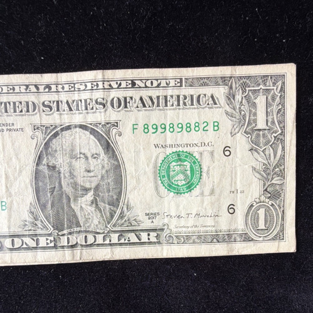$1 US Dollar Bill Error Note F89989882B Misaligned Partial Print trinity four 8s