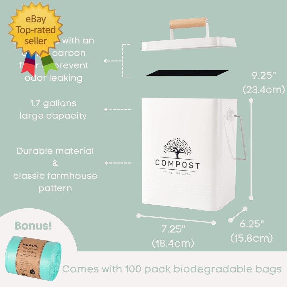 Kitchen Compost Bin, 1.7 Gallon Countertop Compost Bin with Lid, Indoor Compost