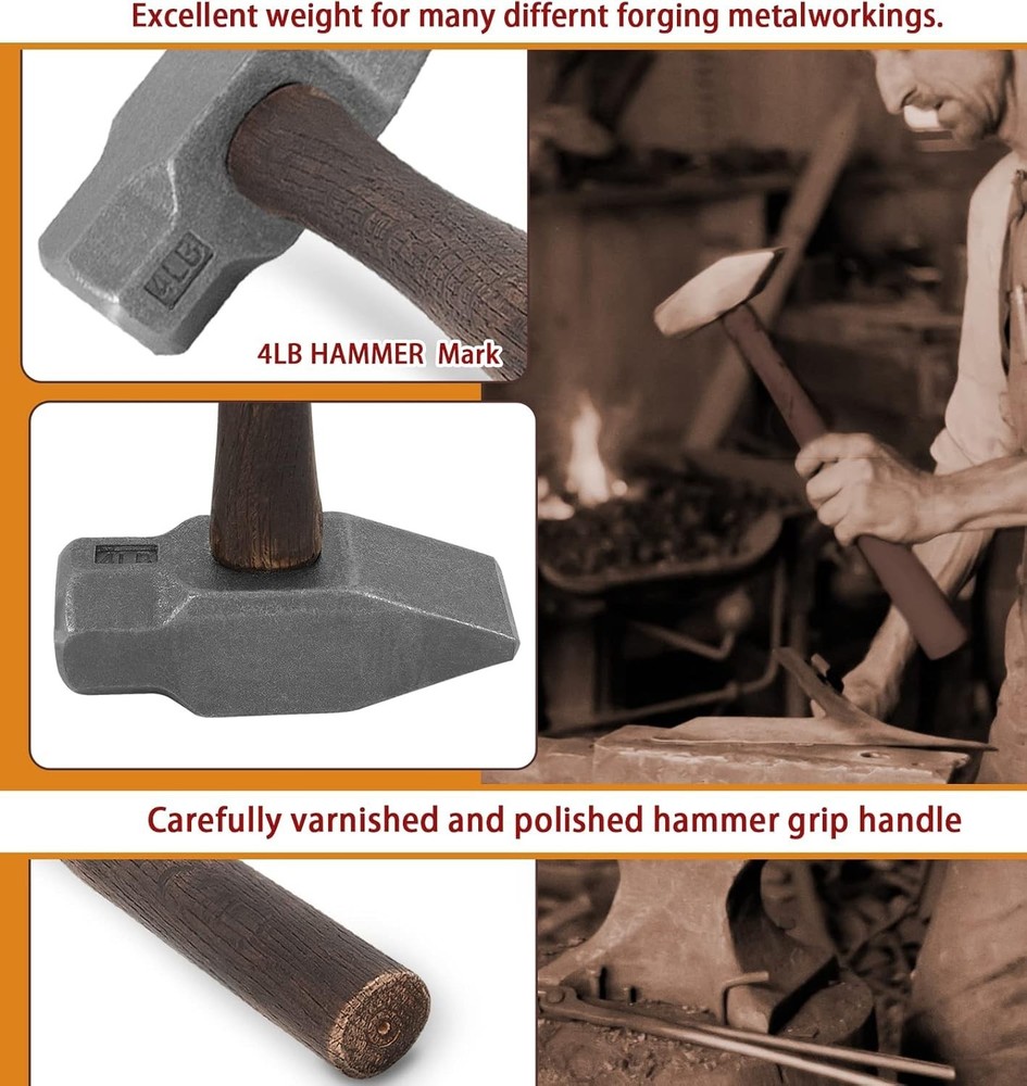 4LB Blacksmith Cross Pein Hammer Forging Knife Hammer Anvil Tool Versatile Tool