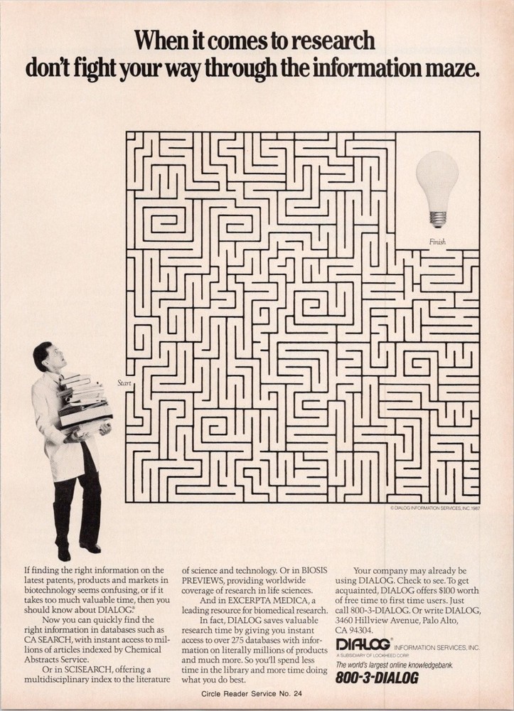 Dialog Information Services 1987 Print Ad Research Database Maze