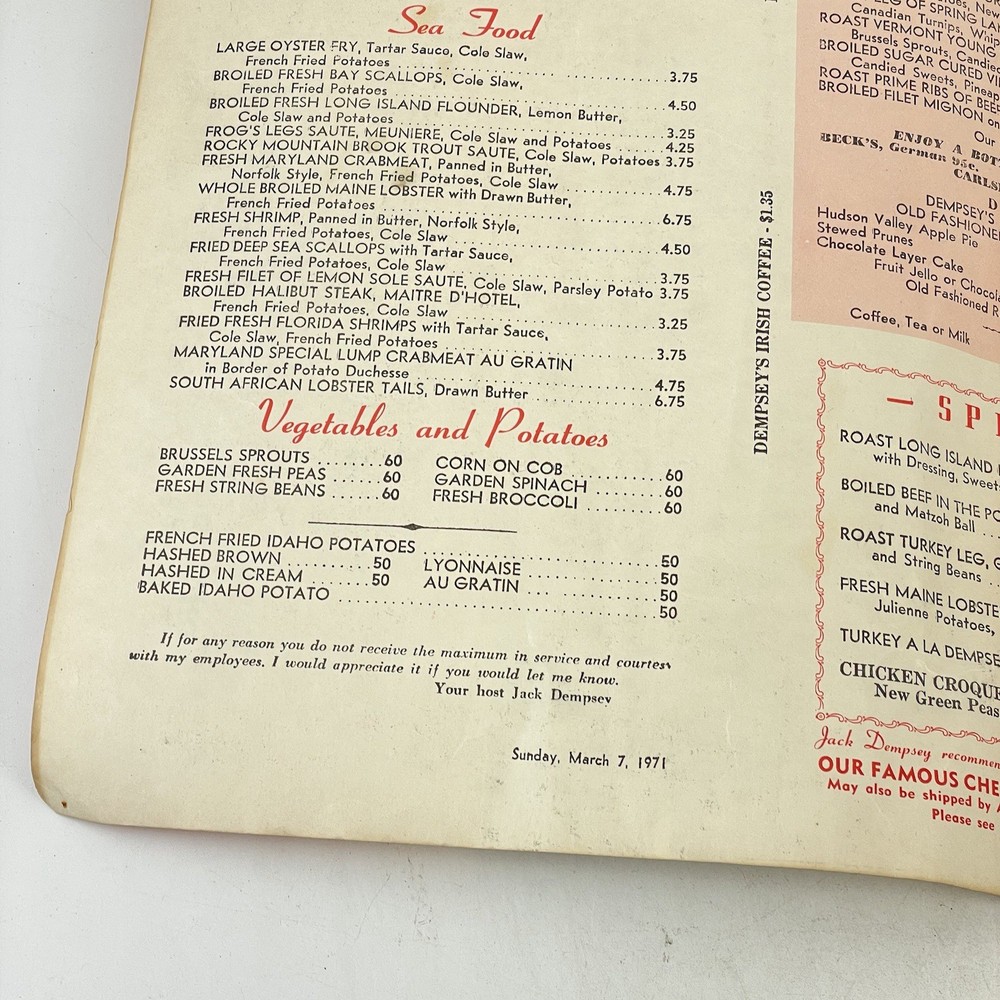Jack Dempsey’s Restaurant Menu March 7 1971
