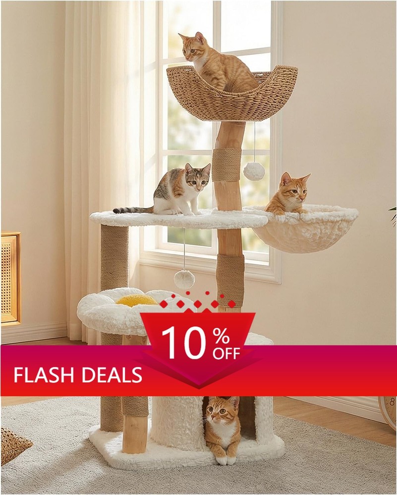 48.5'' Modern Cat Tree for Large, Cozy Hammock, Scratching Post, White