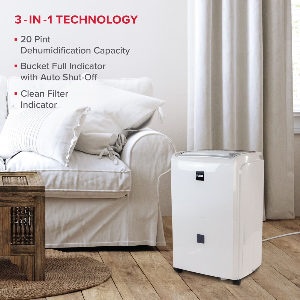 RCA 20 Pint 1500 sq ft Dehumidifier, Automatic Shut-Off RDH235-6COM