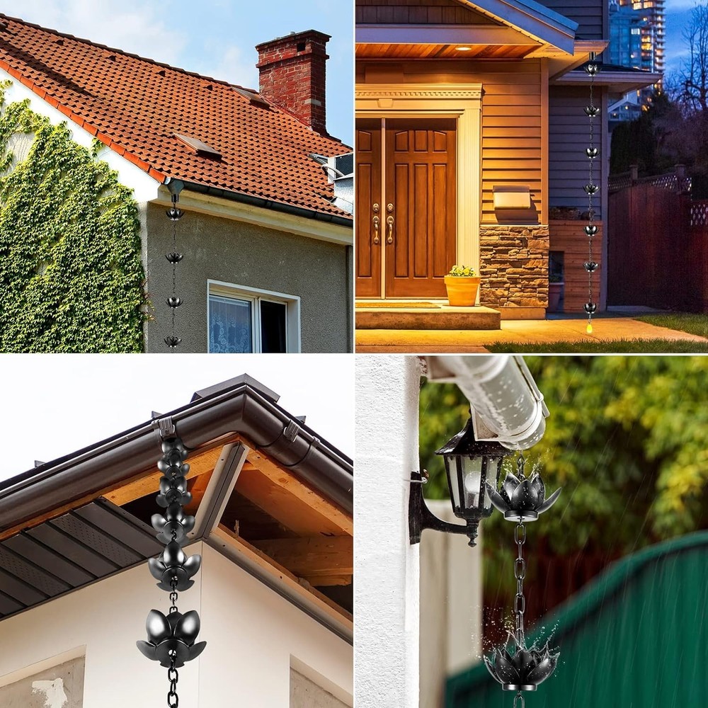 Charming Lotus Rain Catcher Chain 8.5ft - Adjustable Gutter Solution in Black