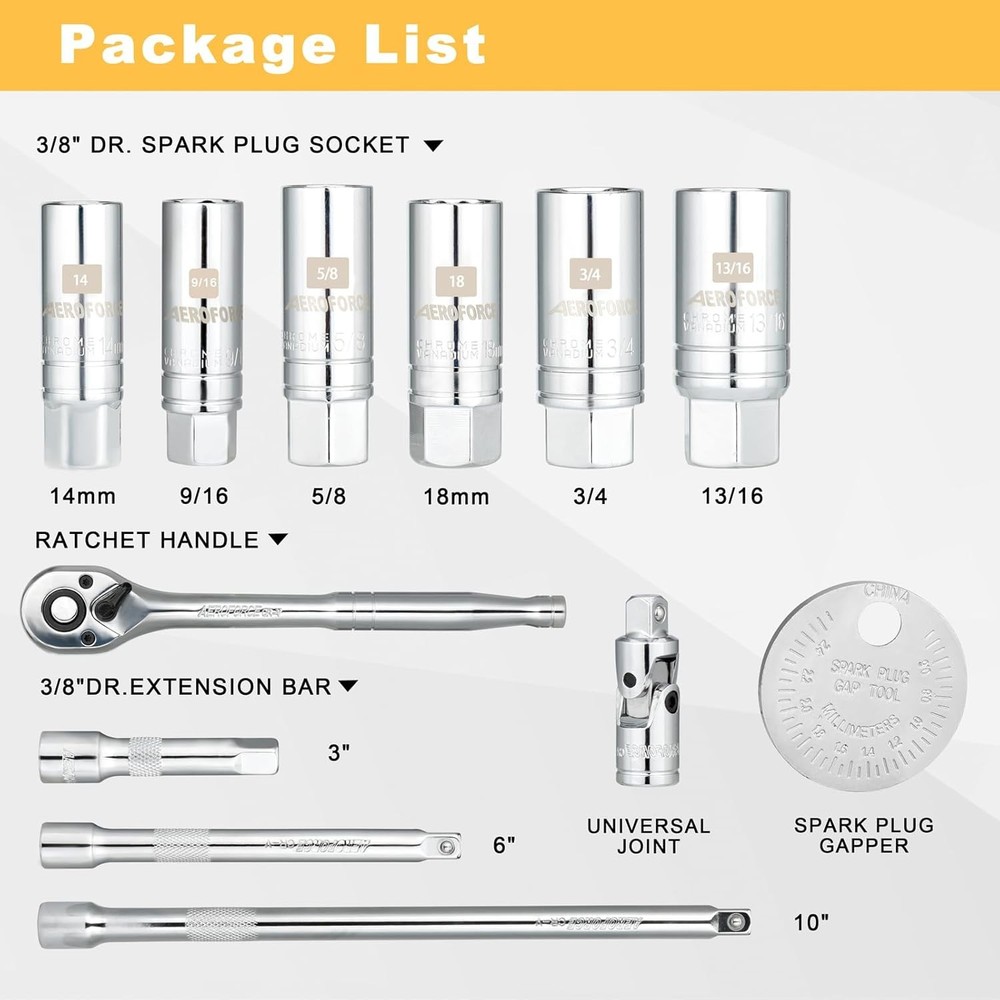AEROFORCE 12PCS 3/8" Drive Spark Plug Socket Set with Ratchet Handle, Universal