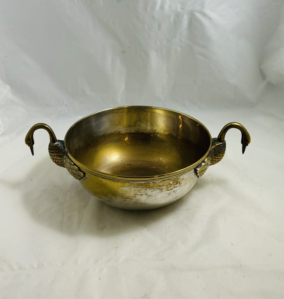 Antique Solid Brass Silverplate Large Bowl With Duck Handles