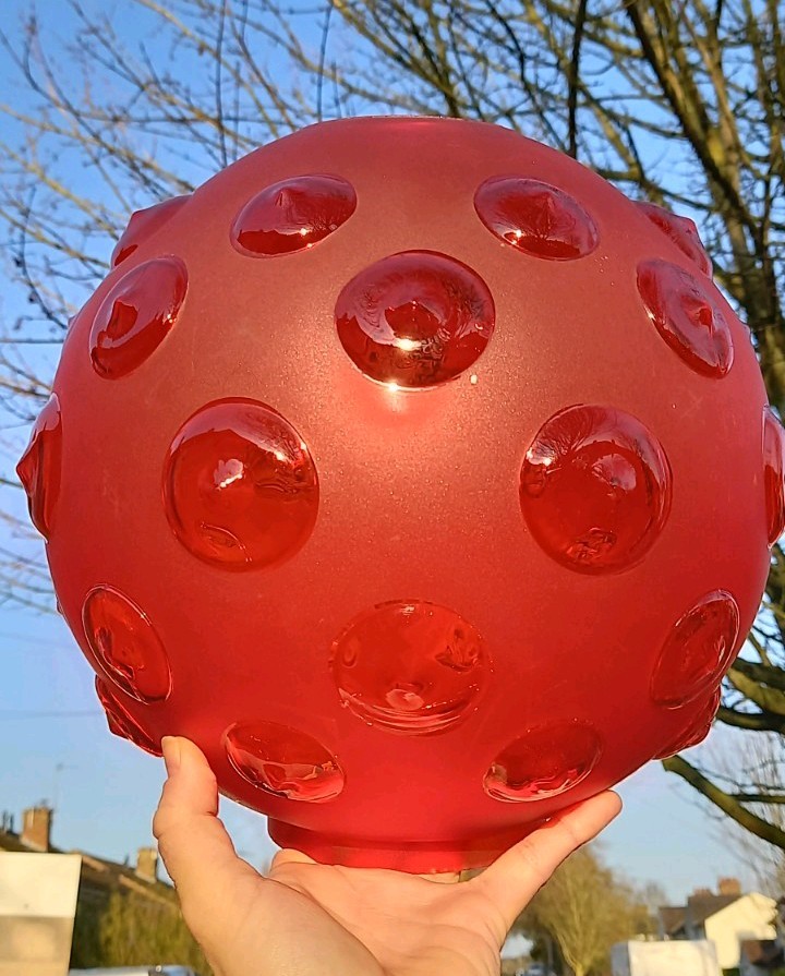 GIANT Antique Cranberry Red Frosted Dimple Optic Duplex Oil Lamp Shade, 4 Inch