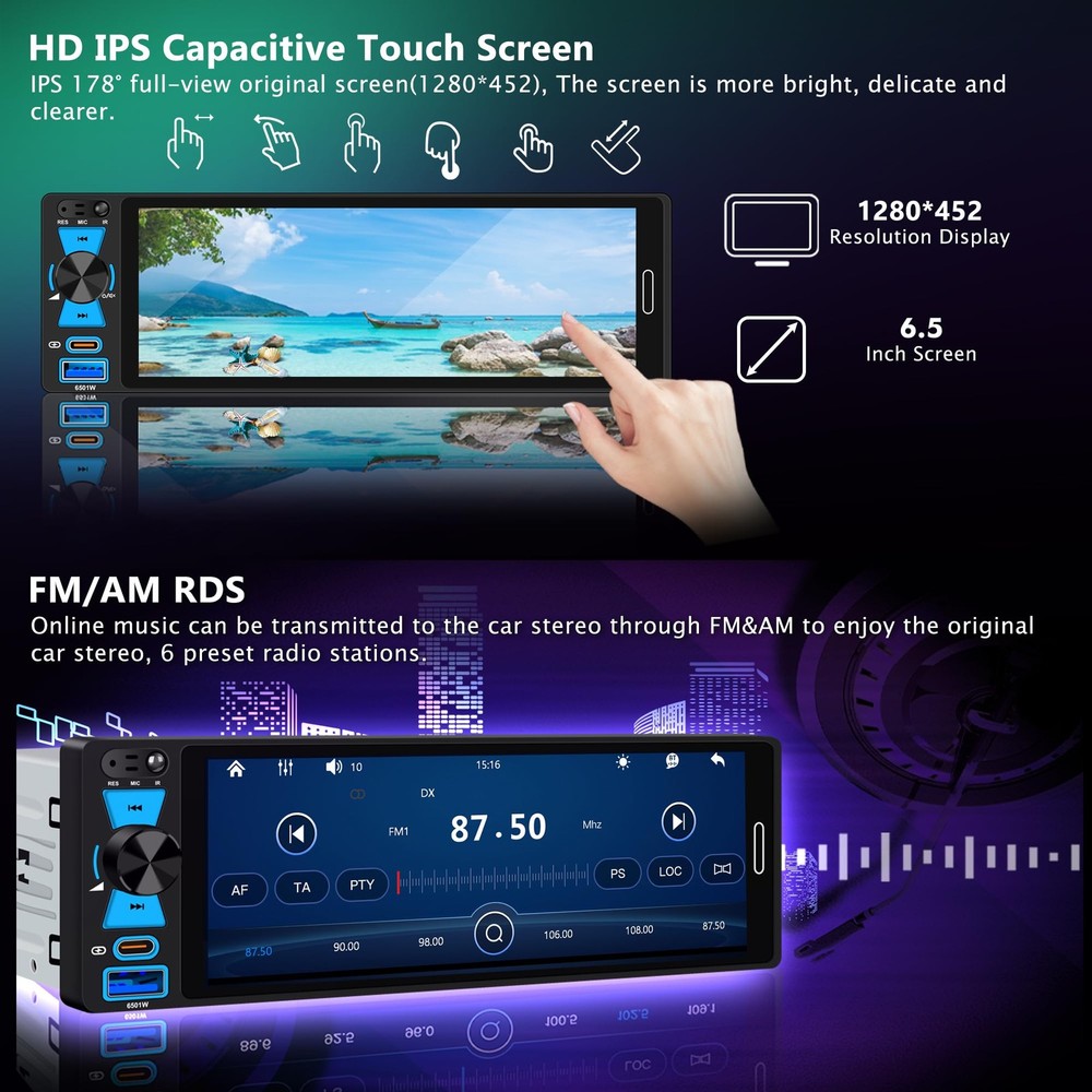 6.5" Single Din Touchscreen Radio with Wireless Apple CarPlay & Android Auto,...