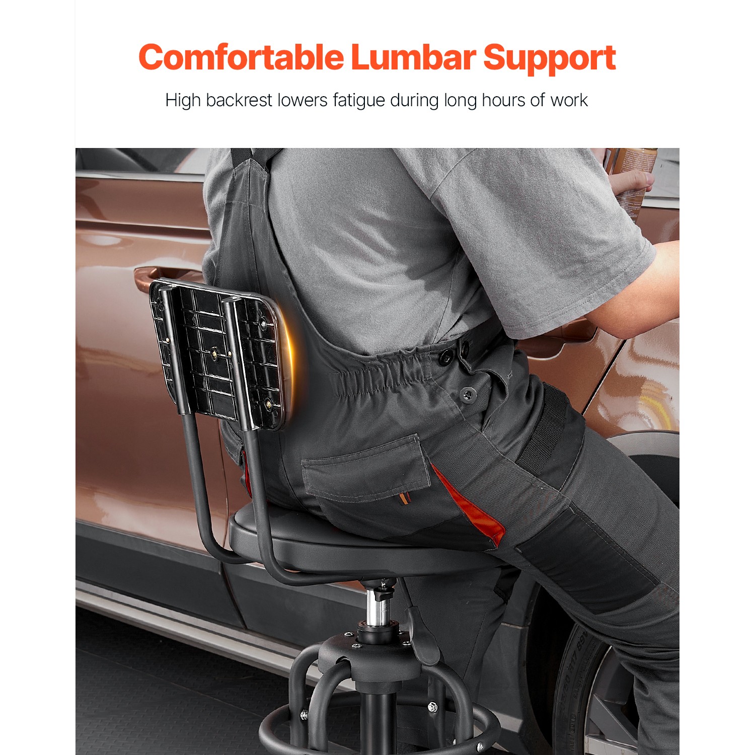 Shop Stool Adjustable Height Garage Work Seat 300 lbs Load with Backrest