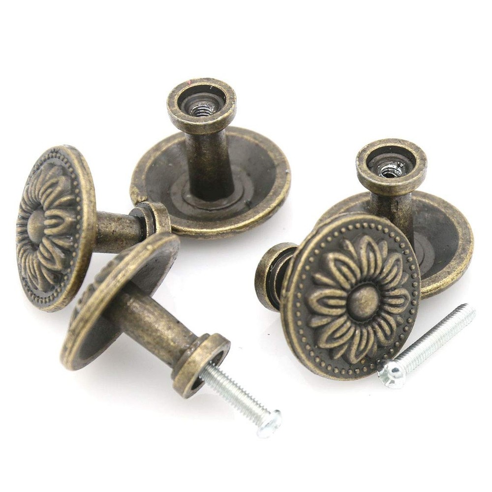 LXZ 8 PCs Vintage Antique Brass Knobs Handles Pulls with Flower Pattern for C...