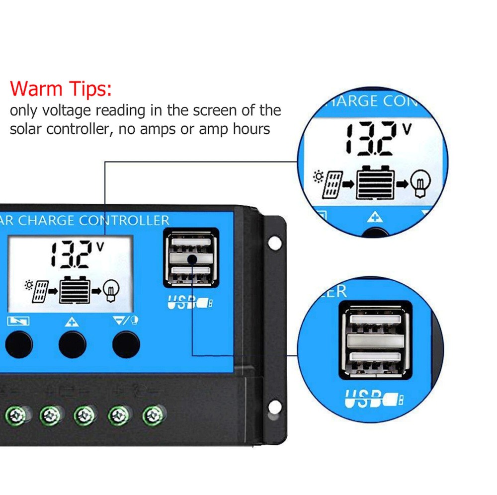 30A 12V/24V Solar Panel Battery Charge Controller LCD Regulator Auto Dual USB US