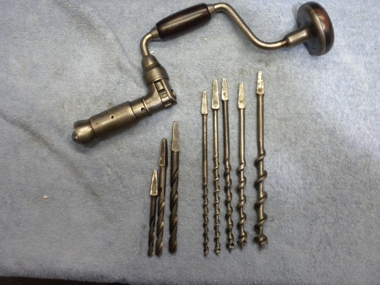 Vintage 8pc Sharp Auger bit set W/HSB & Co. 6" ratcheting brace Work Ready