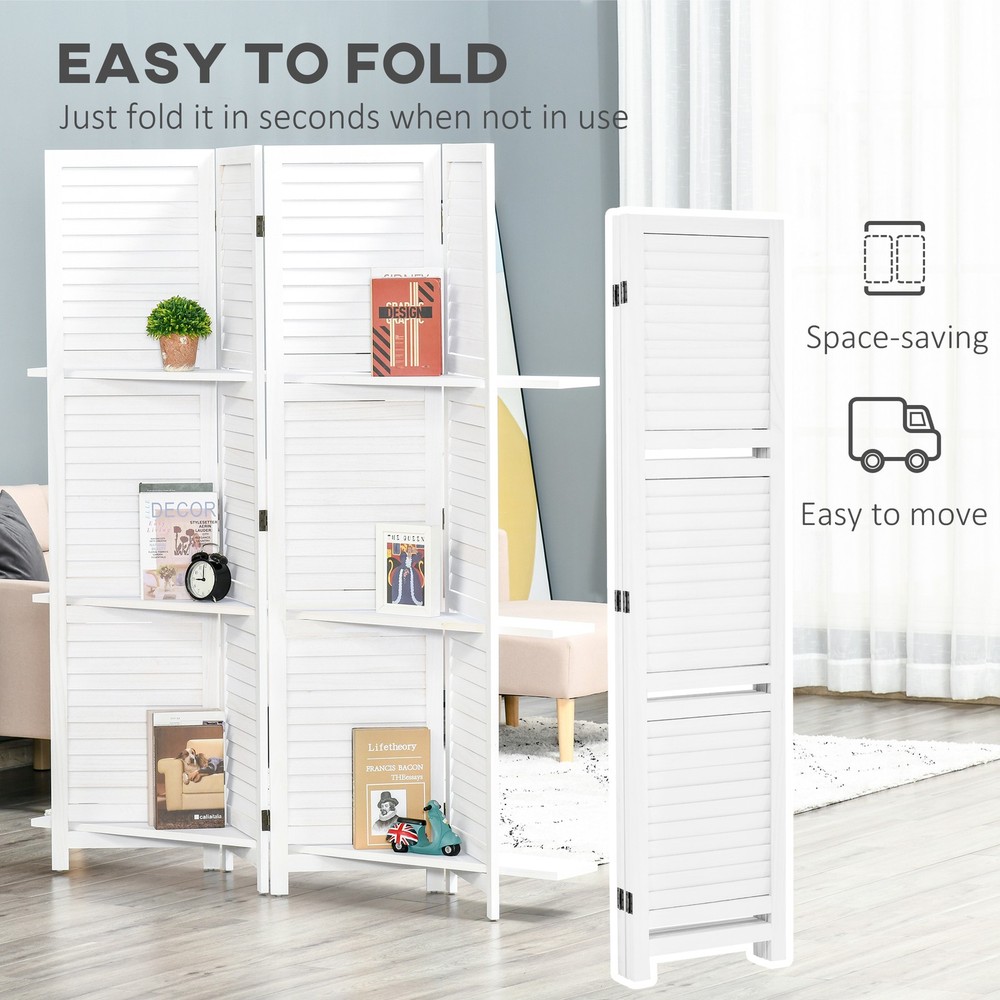 4 Panel Privacy Screen, Room Divider with 3 Shelves White