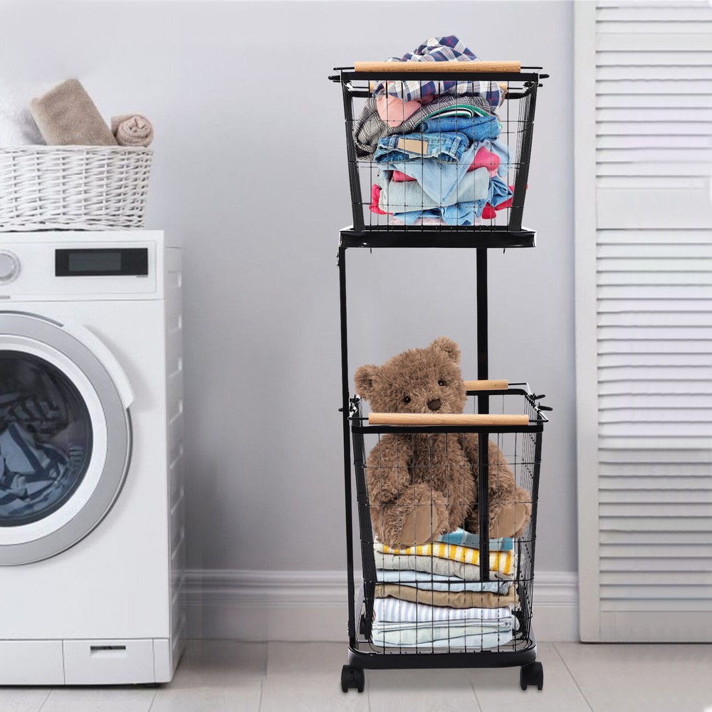 2 Tier Black Laundry Basket Metal Rectangular Laundry Basket With Wheels