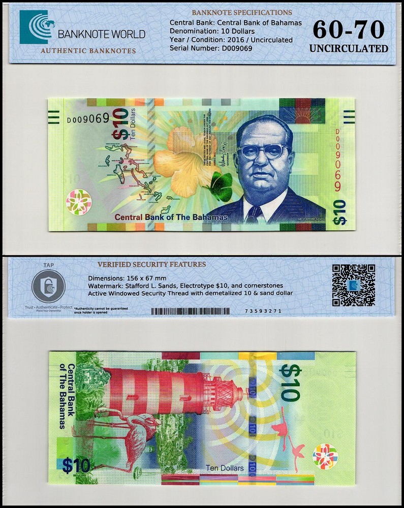 Bahamas 10 Dollars, 2016, P-79a, UNC, Authenticated Banknote