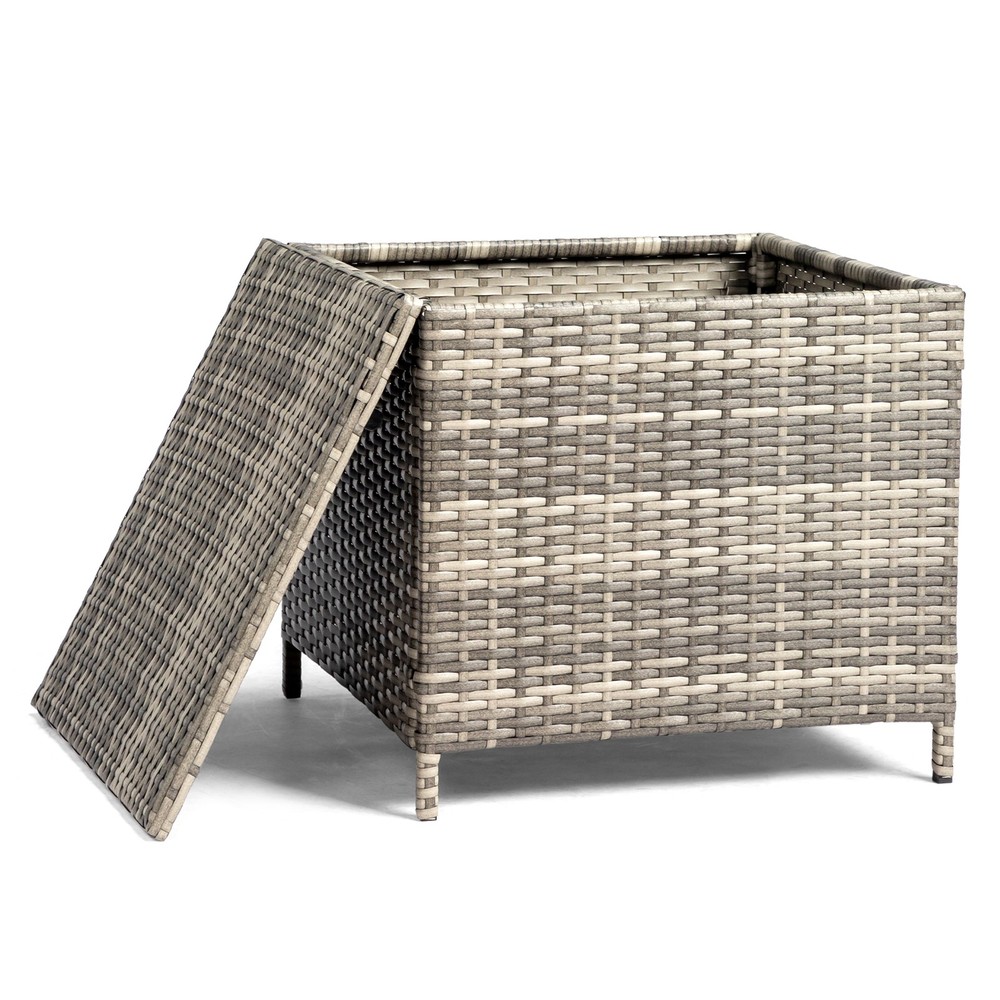 PE Wicker Side Table with Storage, Patio Rattan End Table Square Container