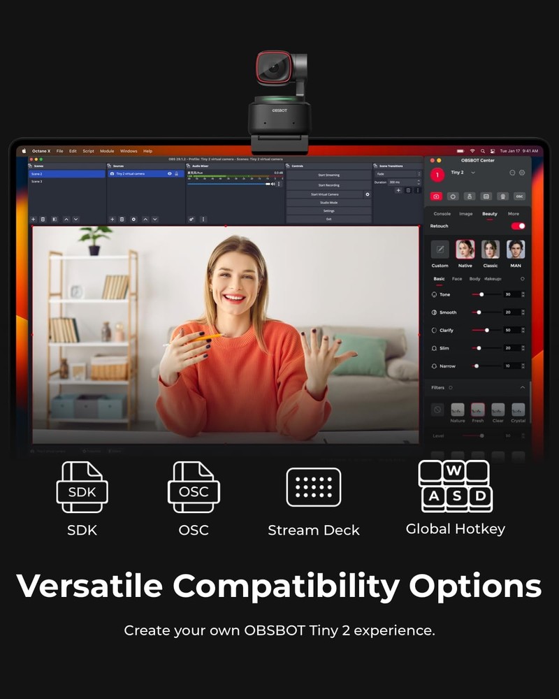 OBSBOT Tiny 2 Webcam 4K Voice Control PTZ, AI Tracking Multi-Mode & 2