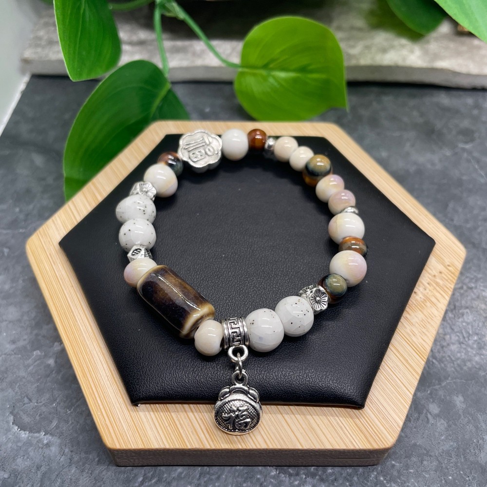 Handmade Ceramic Bead Beaded Stackable 6” Plus Stretch Bracelet New B413