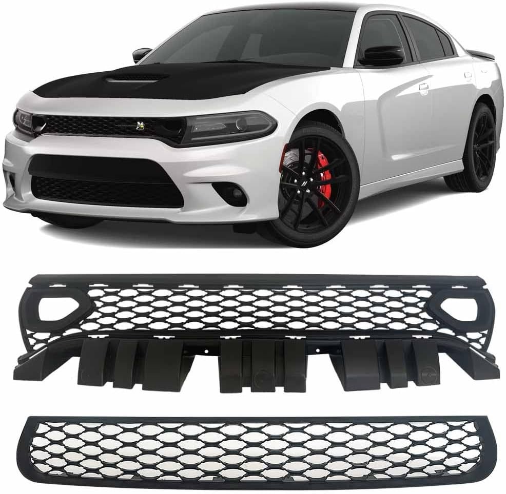 Front Bumper Upper & Lower Grille 2015-2023 Dodge Charger SRT Pack Black Grill