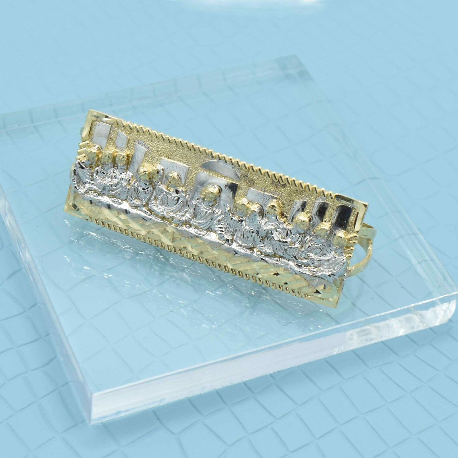 Diamond Cut Last Supper Three Finger Ring Real Solid 10K Yellow White Gold