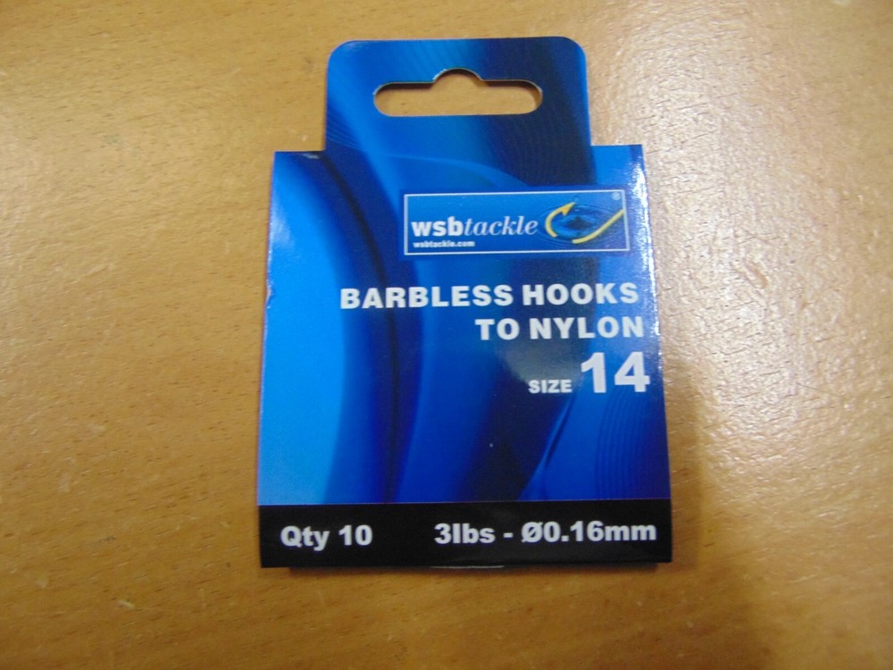 WSB Hooks-to-Nylon:  Barbless Hook Size:14  (10)