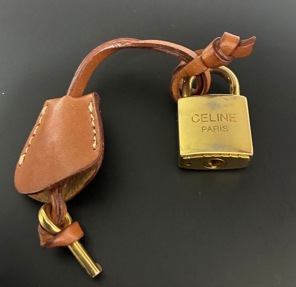 Authentic Celine Gold Lock & Key with Leather Case Padlock Cadena