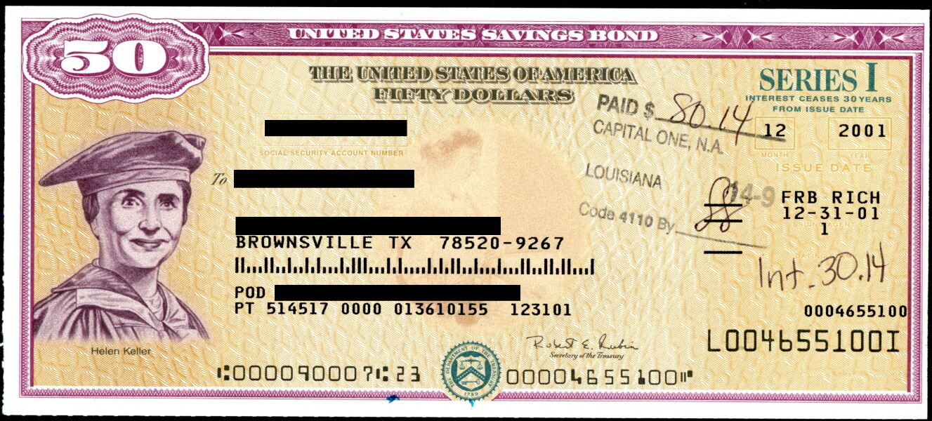 UNITED STATES $50 SAVINGS BOND NICE VIGNETTE OF HELEN KELLER - CANCELLED!