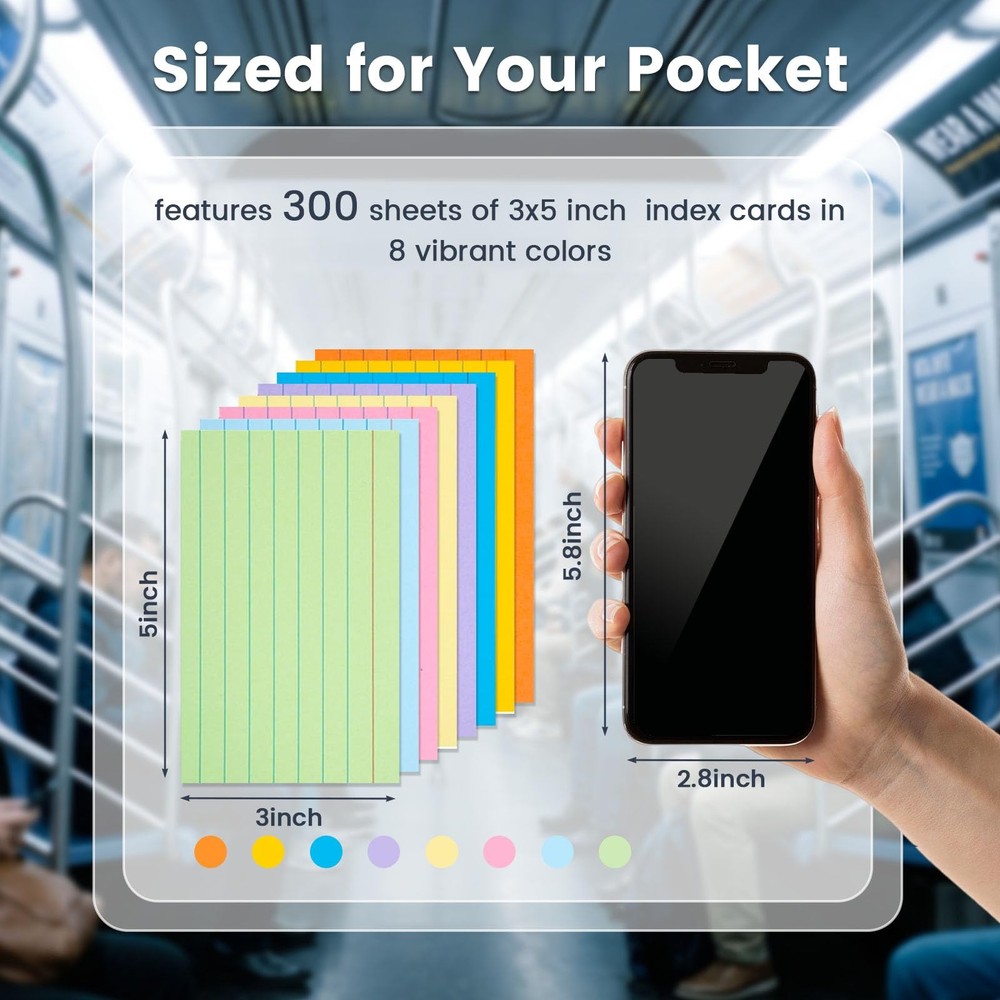 Koogel Index Cards 3x5, 300 Count, Colored Flash Card Lined Medium, Multi