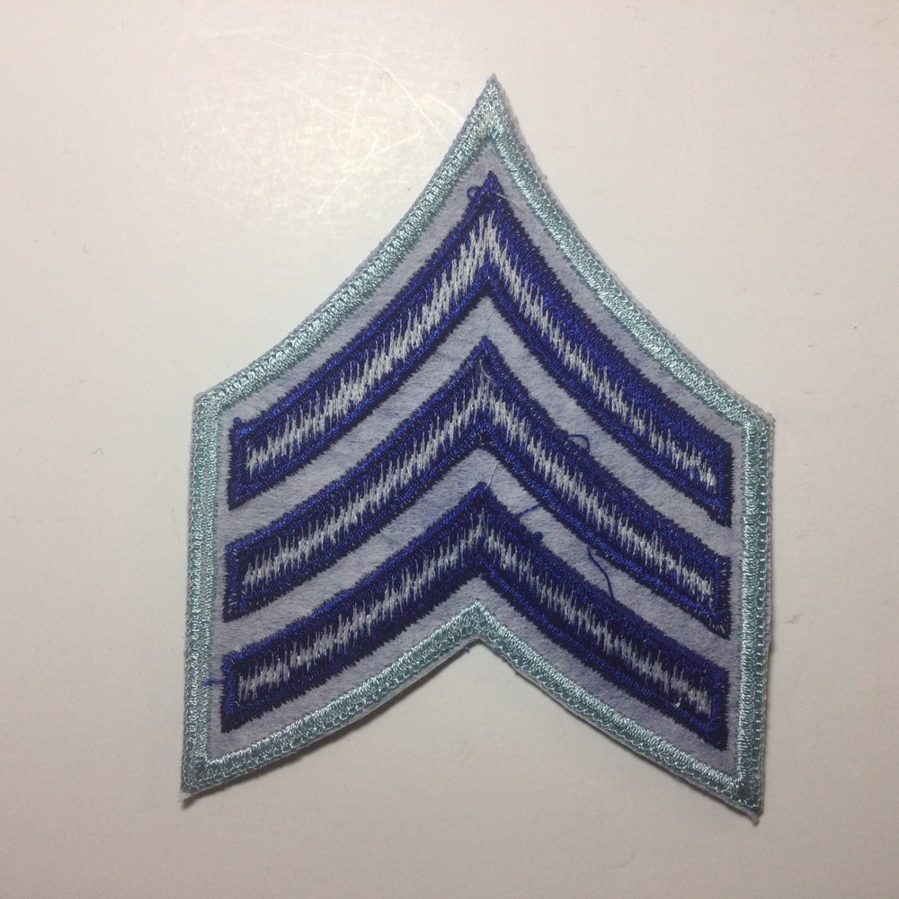 (2) Sergeant Chevron - 3 ROYAL Stripes On BLUE Twill Patch (LIGHT BLUE Border)