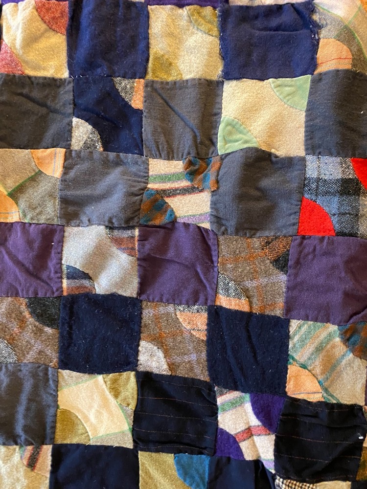 1920s Wool Quilt Drunkard’s Path Variation Antique Patchwork Blanket Heavy 80x65