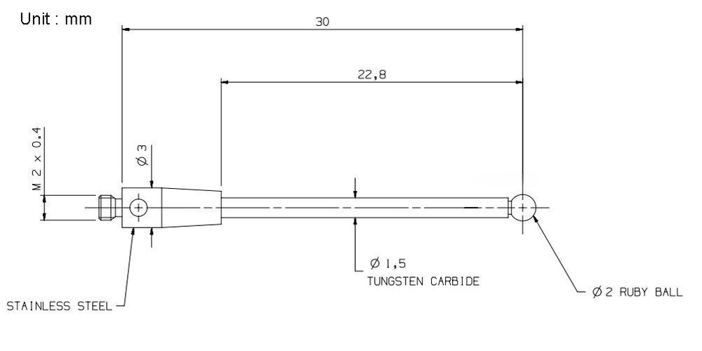 A-5003-0036 CMM Touch Probe M2 Thread Probe Stylus 2mm Ruby Ball Tips 30mm Long