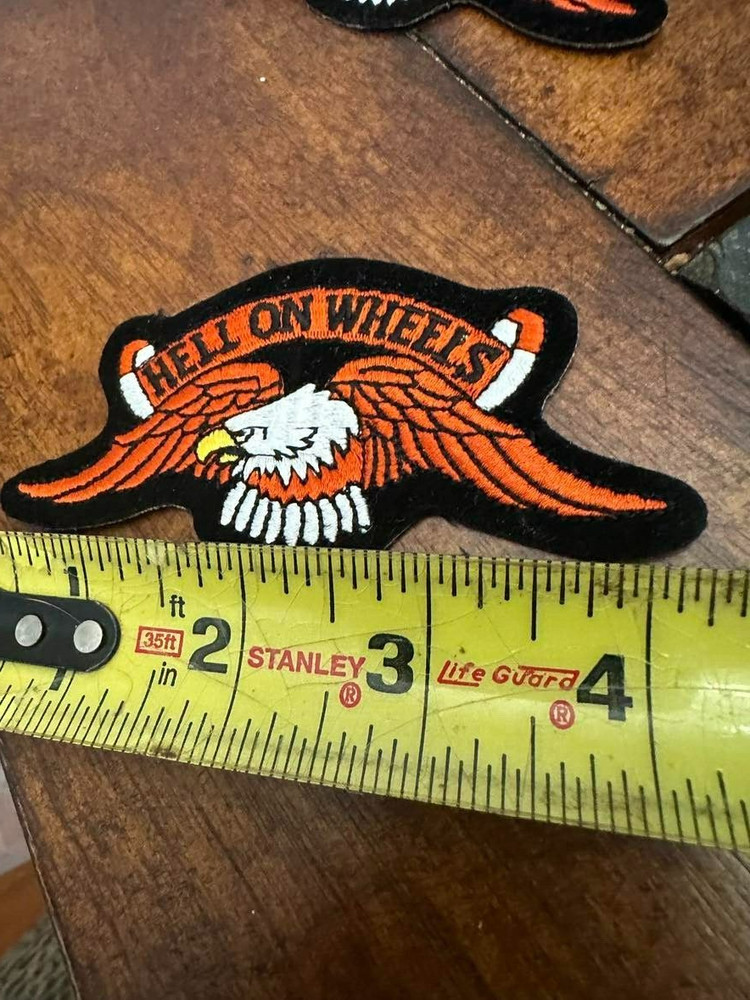 HELL ON WHEELS EAGLE Iron On Patch Applique 2 1/8" h x 4.25" w Motorcycle