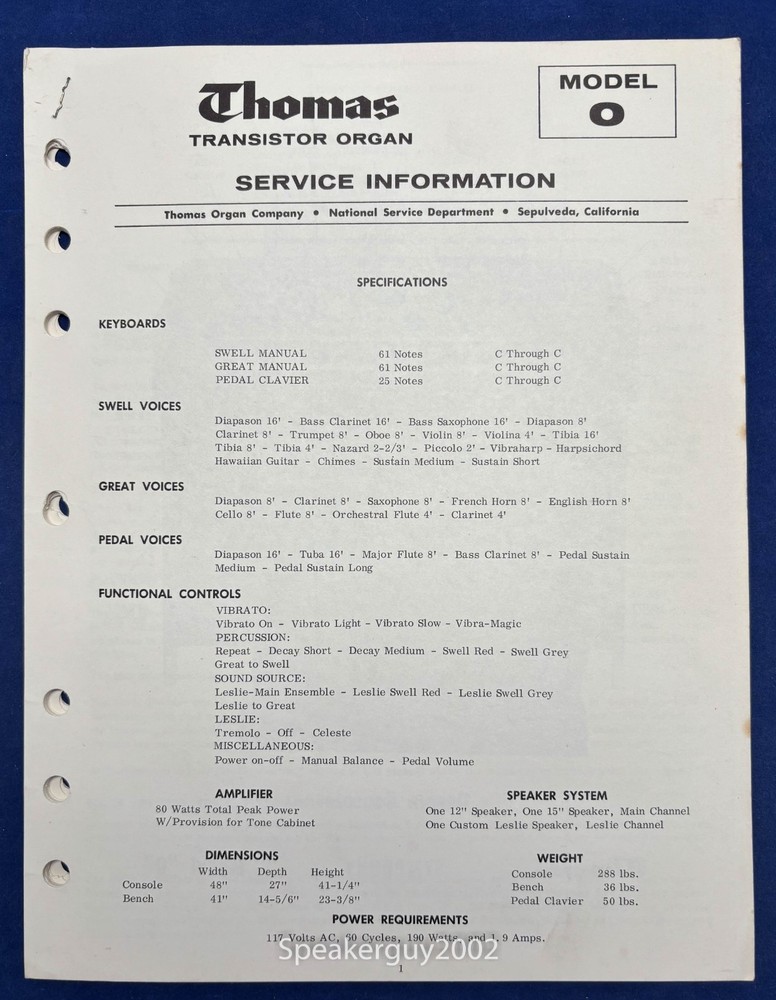 Original Thomas Organ Model O Service Information - Manual