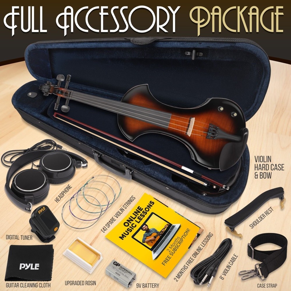 Pyle Electric Violin Stringed Instrument-Student Grade w/ Accessory kit