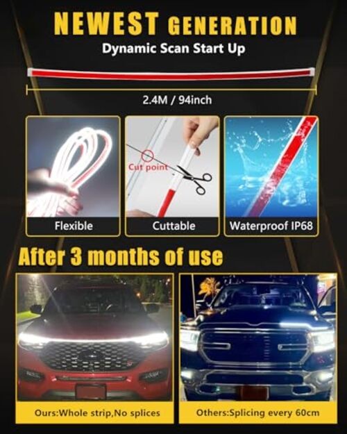 Led Hood Light Strip Flexible Waterproof Dynamic Scan 94inch Dynamic White