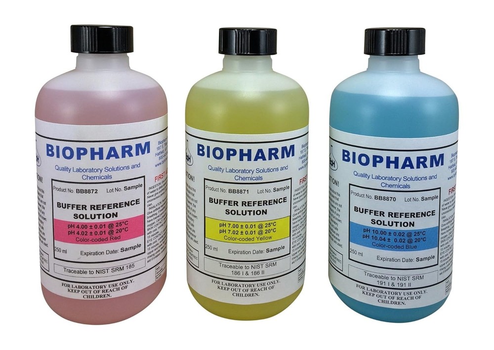 Color Coded pH Calibration Solutions – pH 4.00, 7.00, 10.00 – 250 ml Bottles
