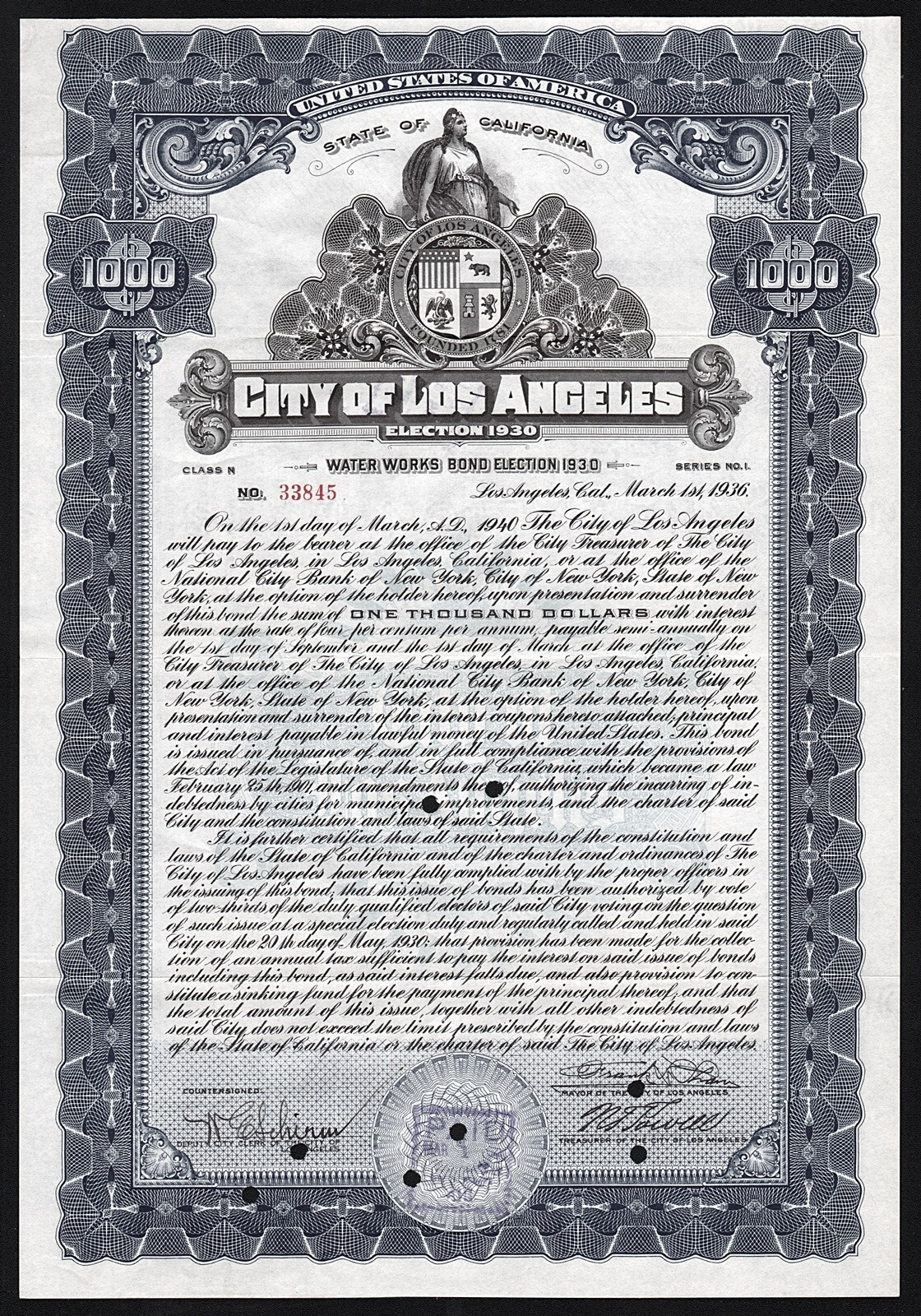1936 California: City of Los Angeles - Water Works Bond, Election 1930