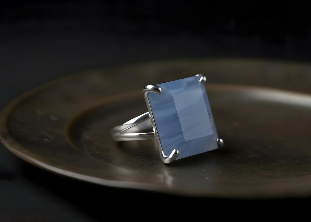 Blue Lace Agate Ring Anemone Handmade Square Cut 14k Gold Statement