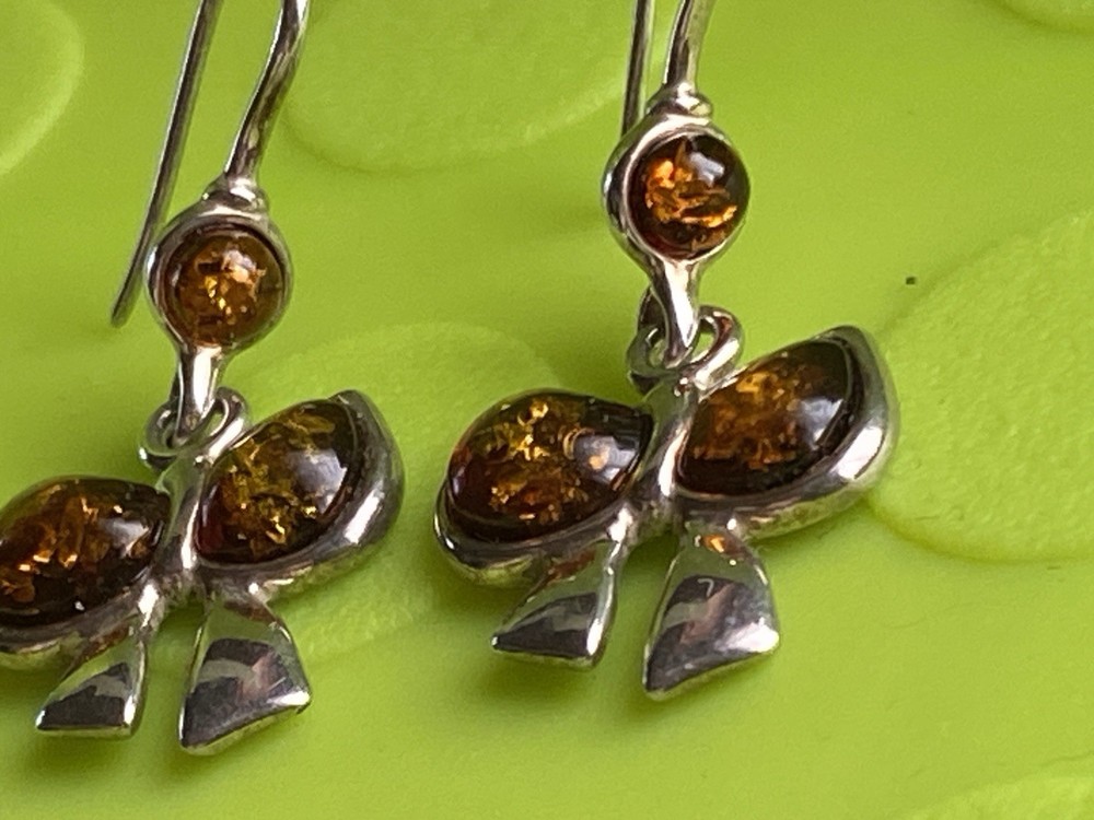 Серьги винтаж серебро, 925 проба, Камень Янтарь, Бантики