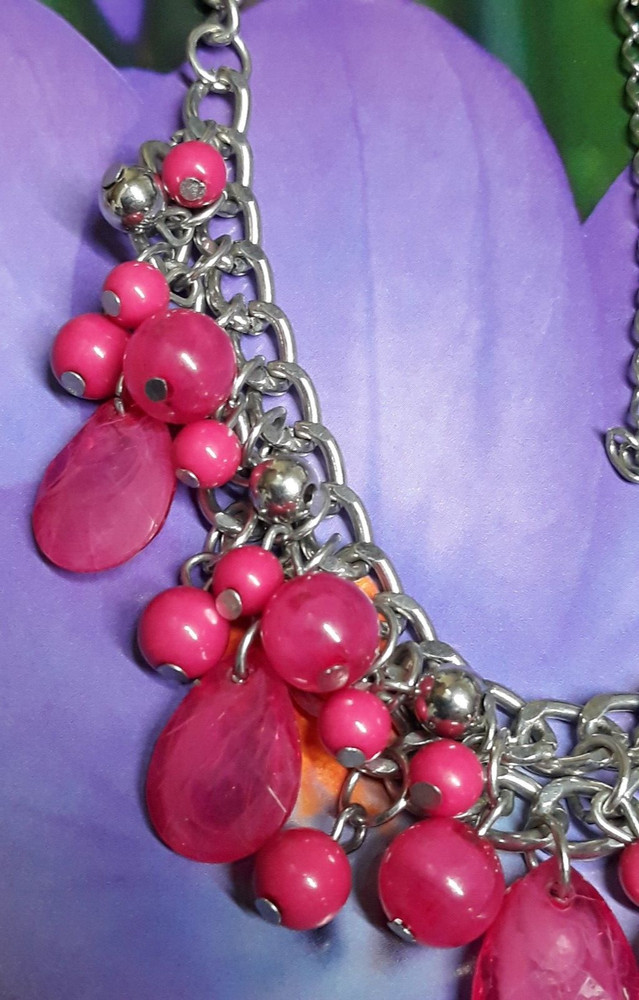 Fuchsia Artisan Lucite Dangle Multi Bead Necklace
