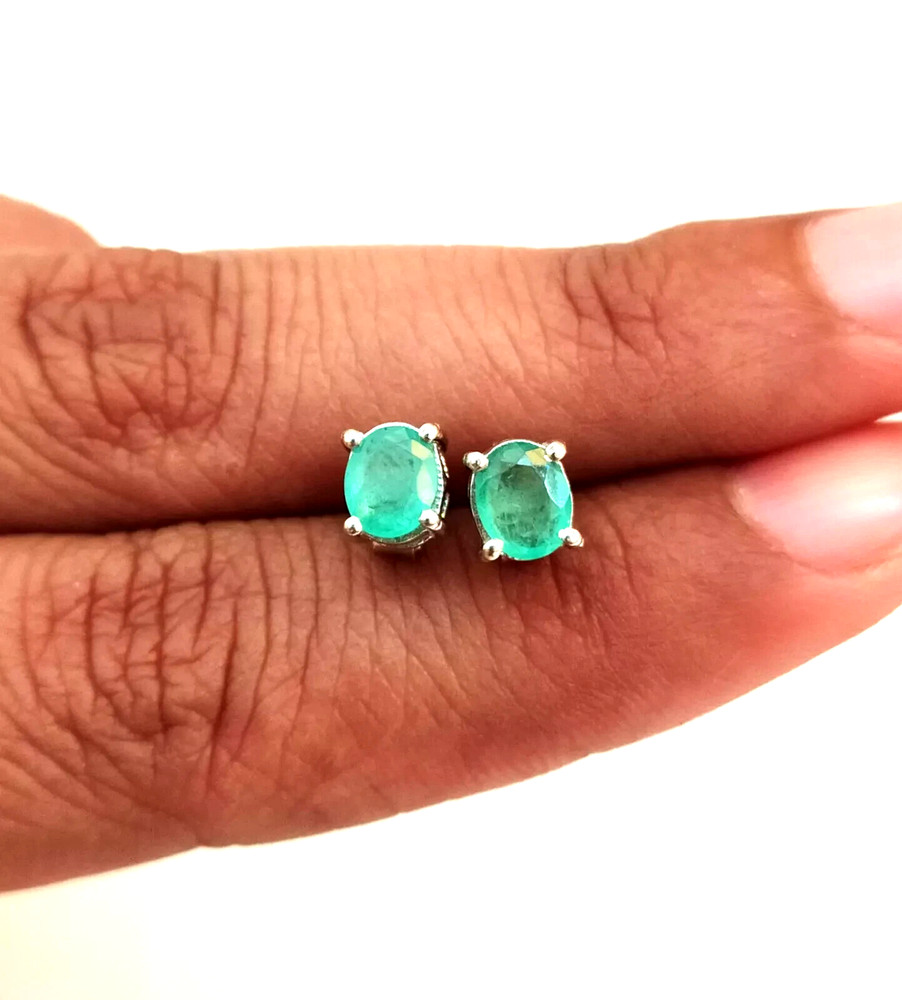 Emerald Silver 925 Stud,Oval Dainty Stud,925 Sterling Silver Stud,Handmade Stud