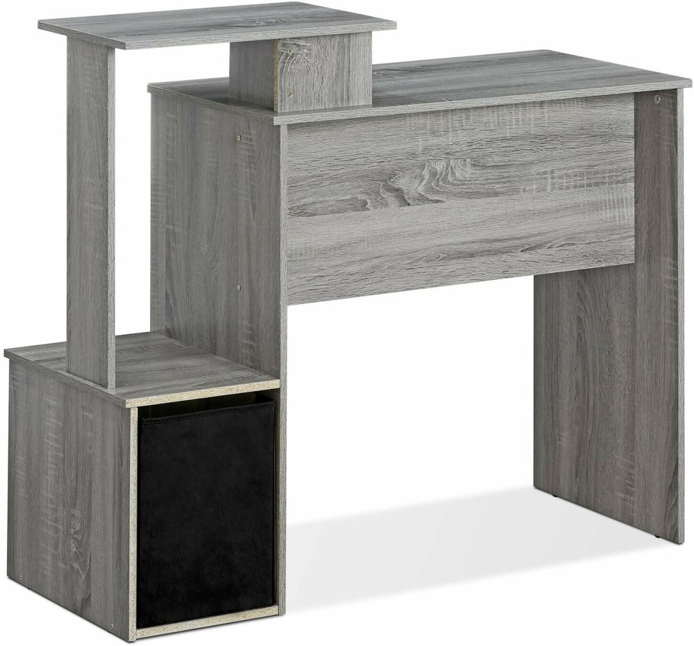 Gray Oak Finish Work Desk Storage Bin Laptop Computer Table Office Workstation