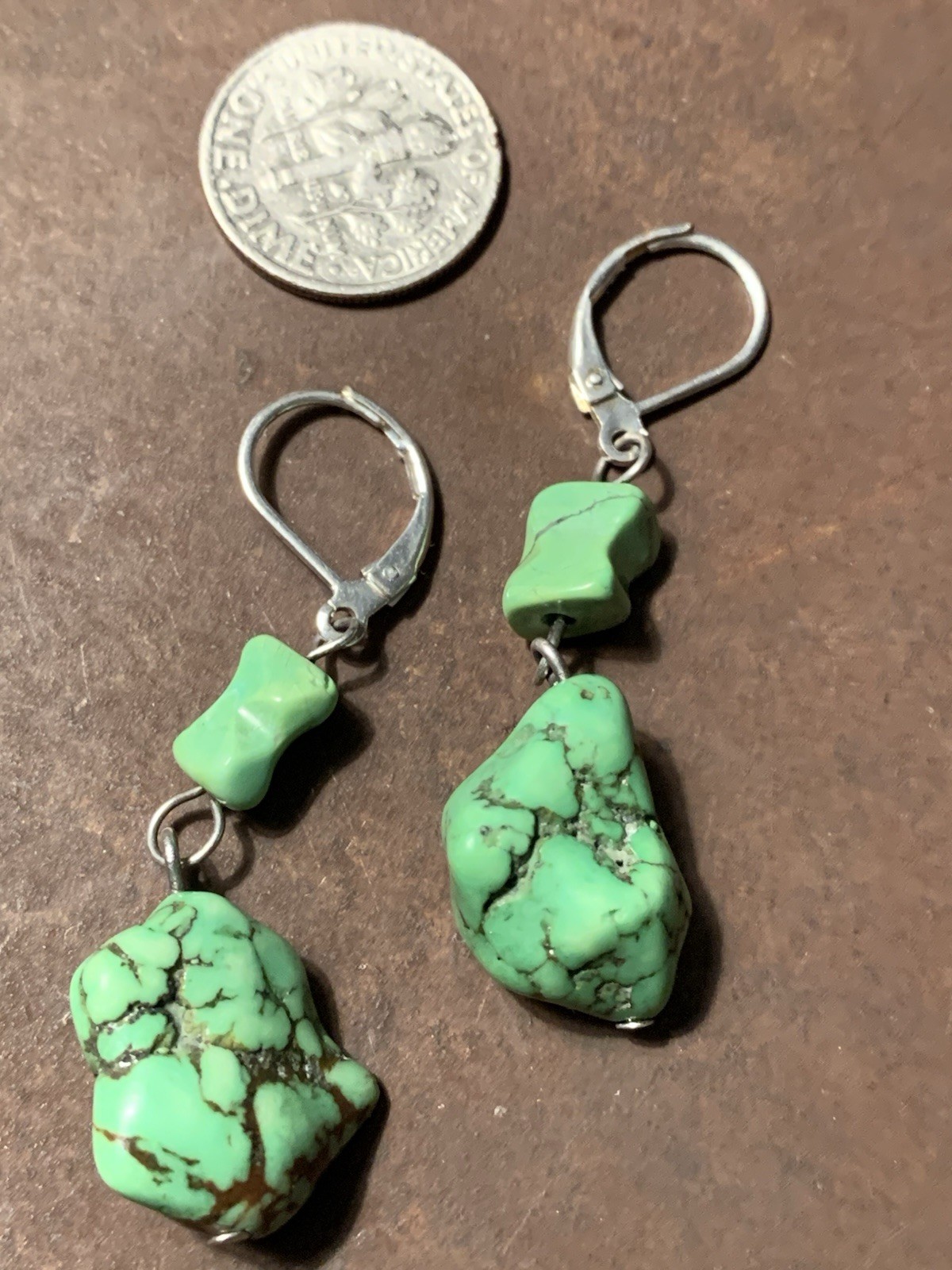 Gorgeous Artisan Chunk Bright Green Turquoise Dangle Stone Earrings