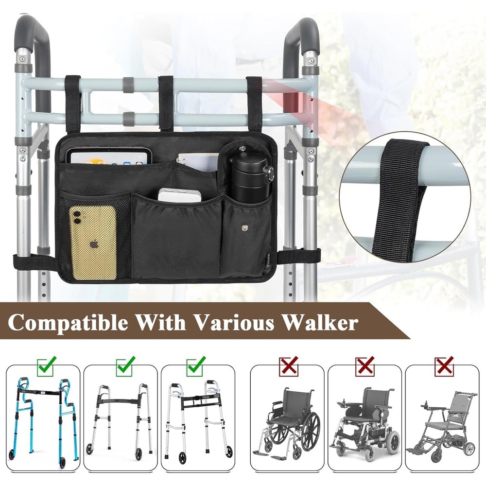 Walker Bag Multiple Pockets Basket for Folding with Cup Black