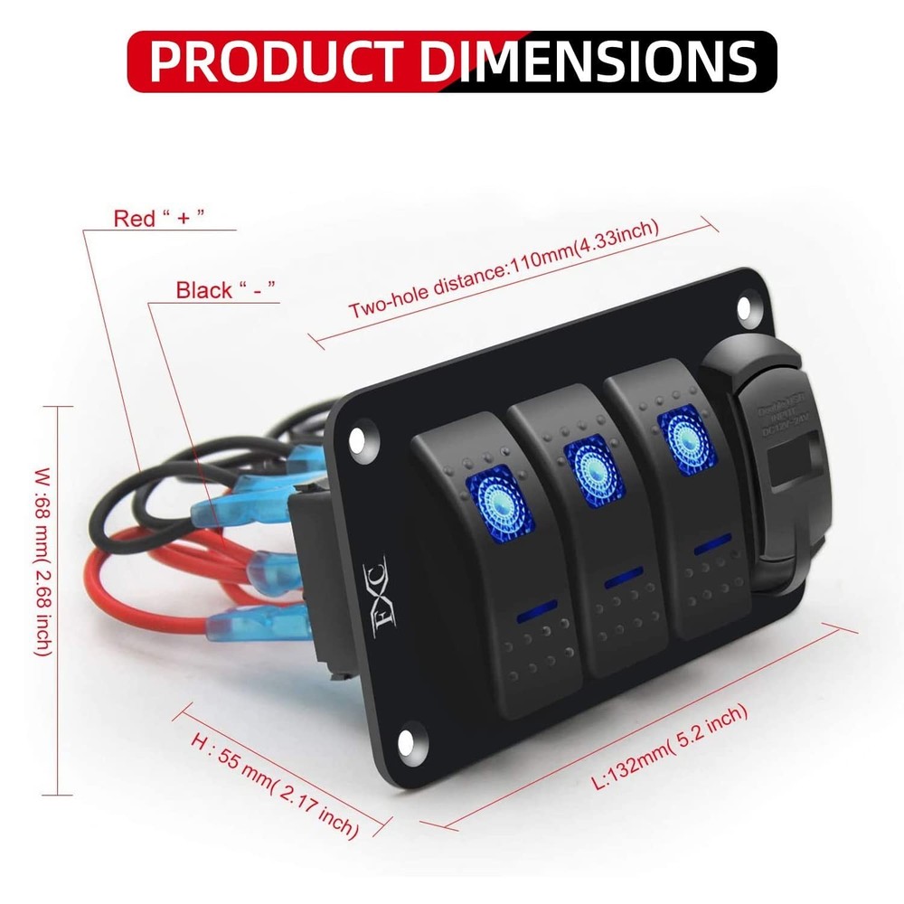Multi-Function 3 Gang Rocker Switch Panel with Blue LED, USB Charger & Voltmeter