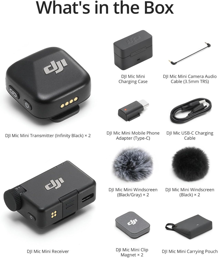 DJI Mic Mini (2 TX + 1 RX + Charging Case), Wireless Lavalier Microphone for Iph